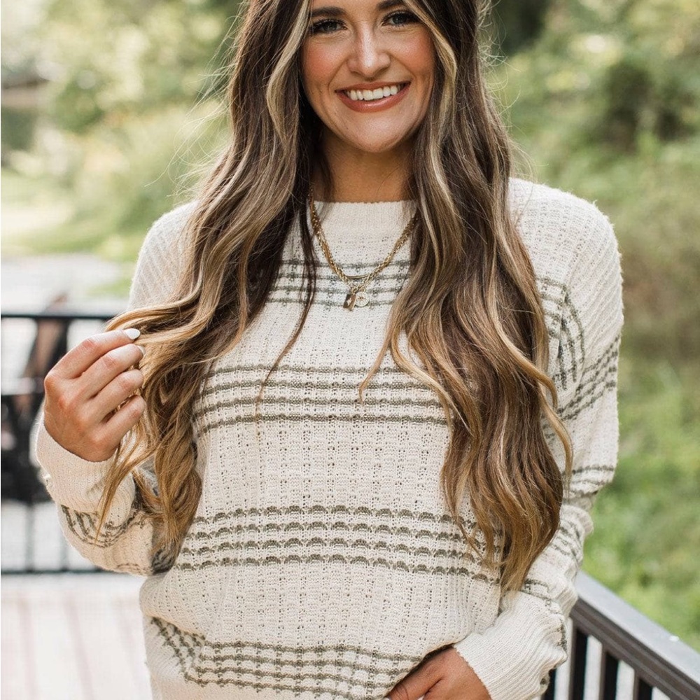 Striped Knit Sweater - Cream and Olive